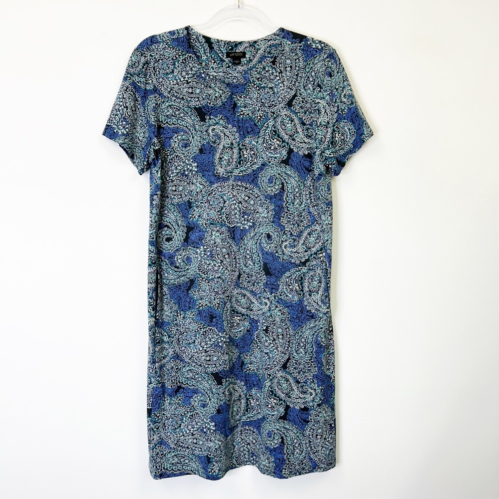 J. Jill Wearever Collection T-Shirt Dress Women's Medium Blue Paisley - Picture 2 of 9